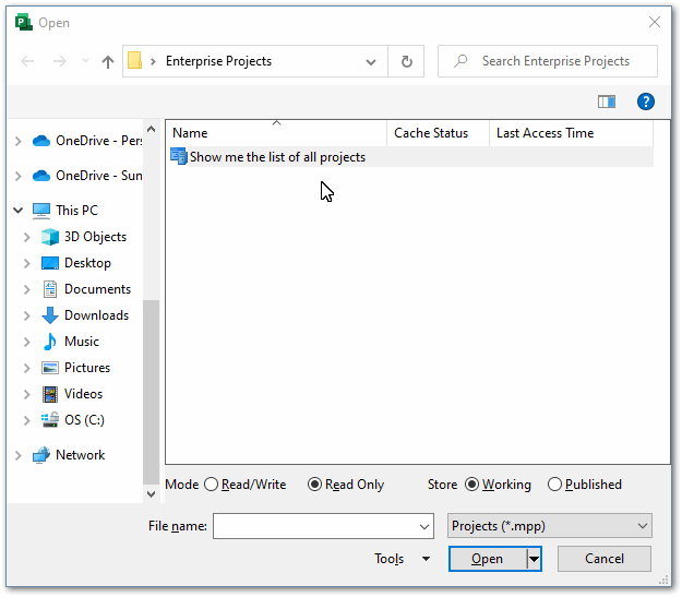 Screenshot of the Open File Navigator dialog of MS Project