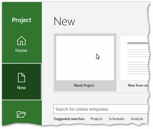 Screenshot of a user clicking the Blank Project icon in MS Project