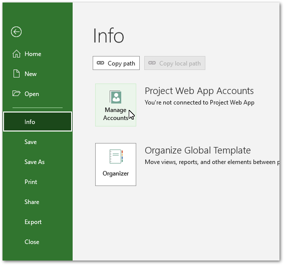 Screenshot of a user clicking the Manage Accounts icon in MS Project