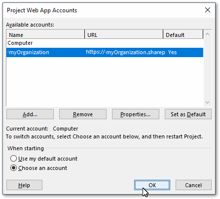 Screenshot of the Project Web App Accounts configurator in MS Project