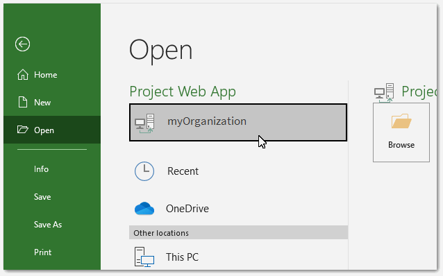 Screenshot of the Open File Dialog in the Backstage of MS Project