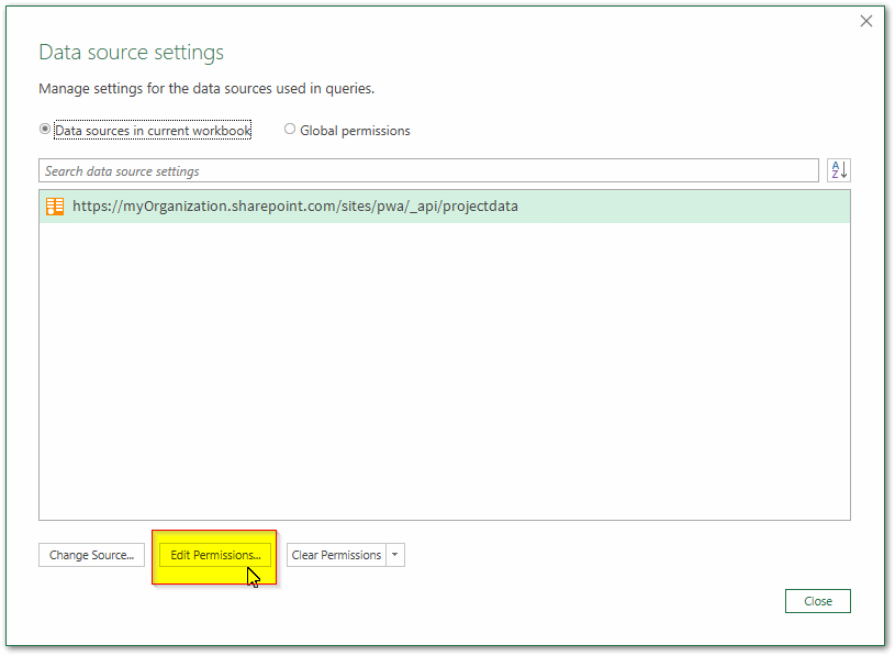 Screenshot of Excel data source settings