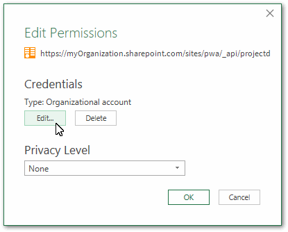 Screenshot of Excel data source edit permissions