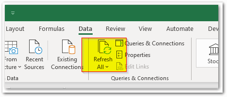 Screen shot of Excel's Refresh All command